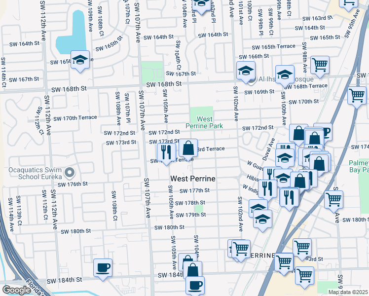 map of restaurants, bars, coffee shops, grocery stores, and more near 10384 Southwest 173rd Terrace in Miami