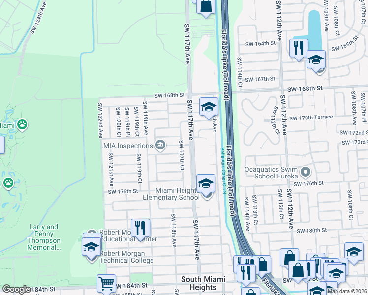 map of restaurants, bars, coffee shops, grocery stores, and more near 17210 Southwest 117th Avenue in Miami