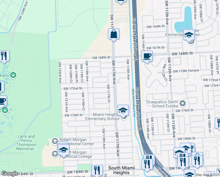 map of restaurants, bars, coffee shops, grocery stores, and more near 17210 Southwest 117th Avenue in Miami