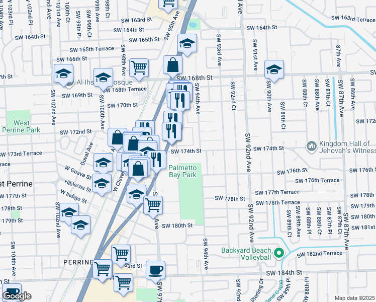 map of restaurants, bars, coffee shops, grocery stores, and more near 9450 Southwest 174th Street in Palmetto Bay