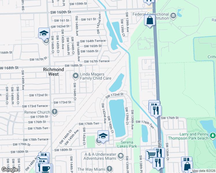 map of restaurants, bars, coffee shops, grocery stores, and more near 14251 Southwest 171st Terrace in Miami