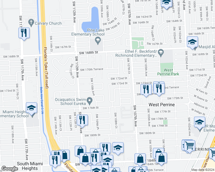 map of restaurants, bars, coffee shops, grocery stores, and more near 17331 Southwest 109th Avenue in Miami