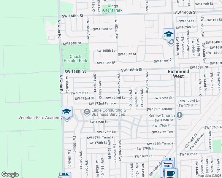 map of restaurants, bars, coffee shops, grocery stores, and more near 15243 Southwest 171st Street in Miami