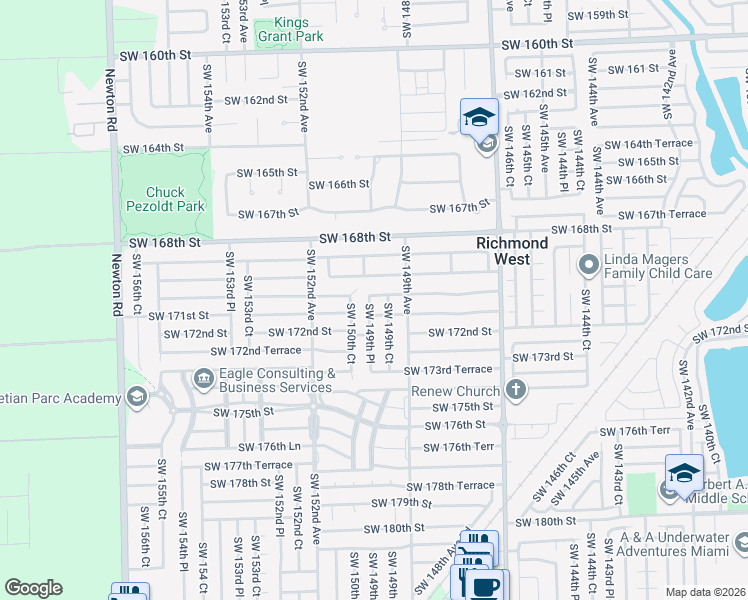 map of restaurants, bars, coffee shops, grocery stores, and more near 17100 Southwest 149th Place in Miami