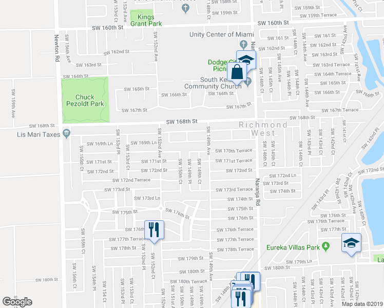 map of restaurants, bars, coffee shops, grocery stores, and more near 17100 Southwest 149th Place in Miami