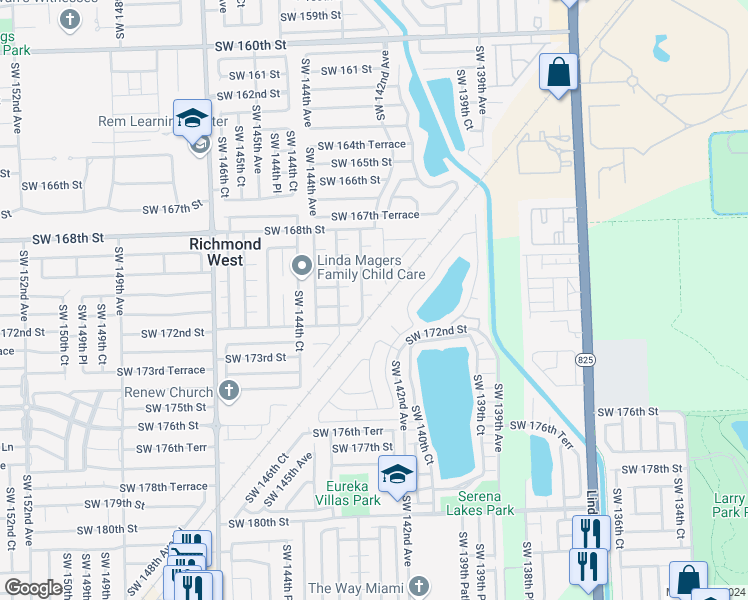 map of restaurants, bars, coffee shops, grocery stores, and more near 14208 Southwest 171st Street in Miami