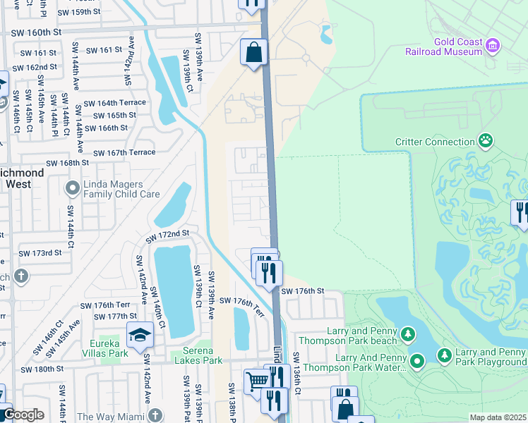 map of restaurants, bars, coffee shops, grocery stores, and more near 17105 Southwest 137th Court in Miami