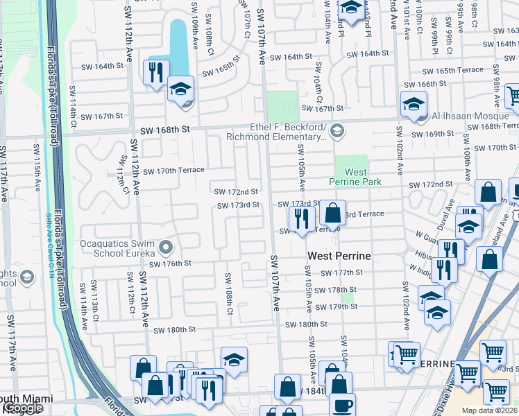 map of restaurants, bars, coffee shops, grocery stores, and more near 17405 Southwest 107th Court in Miami