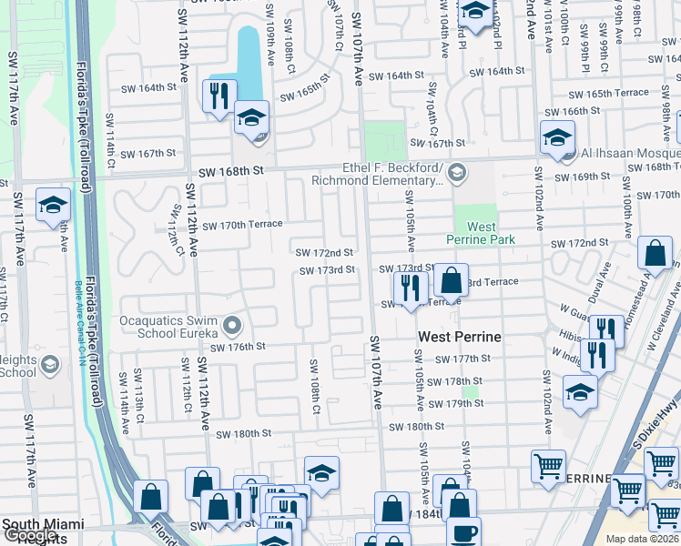 map of restaurants, bars, coffee shops, grocery stores, and more near 10774 Southwest 173rd Terrace in Miami