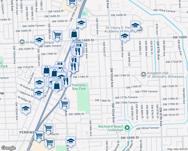 map of restaurants, bars, coffee shops, grocery stores, and more near 17450 Southwest 93rd Avenue in Palmetto Bay