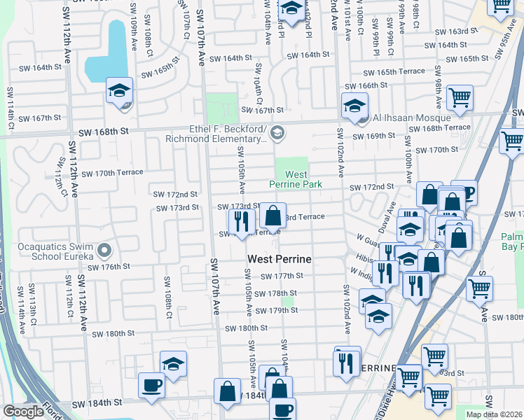 map of restaurants, bars, coffee shops, grocery stores, and more near 10462 Southwest 173rd Terrace in Miami