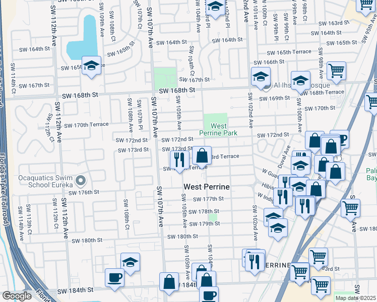 map of restaurants, bars, coffee shops, grocery stores, and more near 10462 Southwest 173rd Terrace in Miami