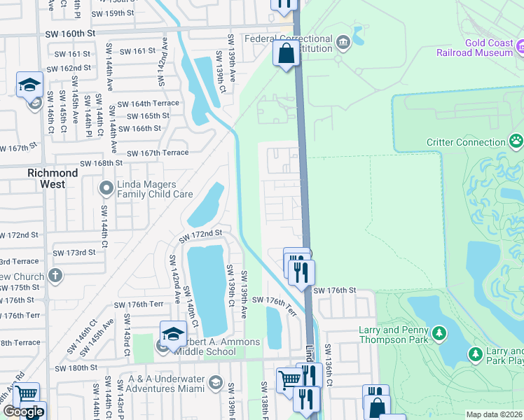 map of restaurants, bars, coffee shops, grocery stores, and more near 17172 Southwest 138th Court in Miami