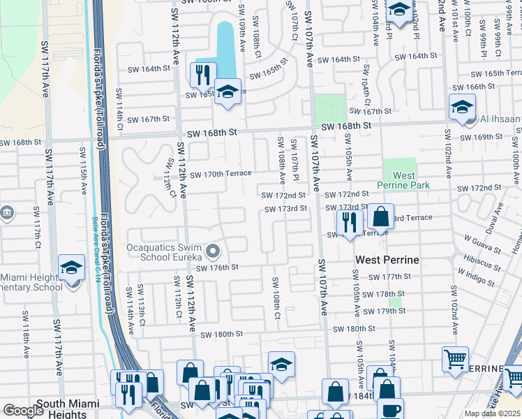 map of restaurants, bars, coffee shops, grocery stores, and more near 15465 Southwest 173rd Street in Miami