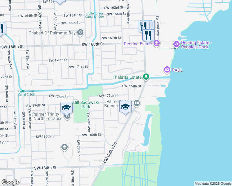 map of restaurants, bars, coffee shops, grocery stores, and more near 7521 Southwest 176th Street in Palmetto Bay