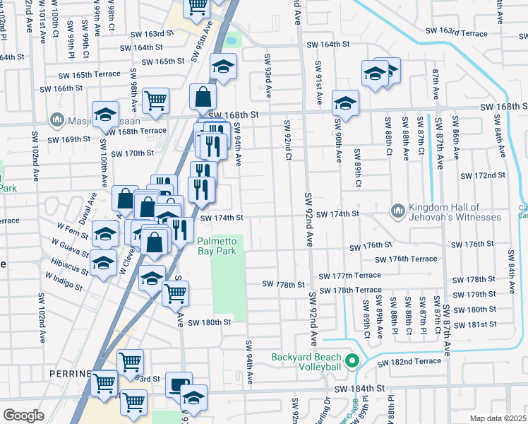 map of restaurants, bars, coffee shops, grocery stores, and more near 17450 Southwest 93rd Avenue in Palmetto Bay