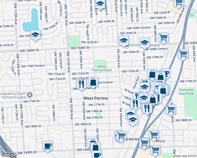 map of restaurants, bars, coffee shops, grocery stores, and more near 10384 Southwest 173rd Terrace in Miami