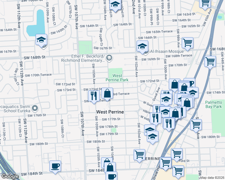 map of restaurants, bars, coffee shops, grocery stores, and more near 10384 Southwest 173rd Terrace in Miami