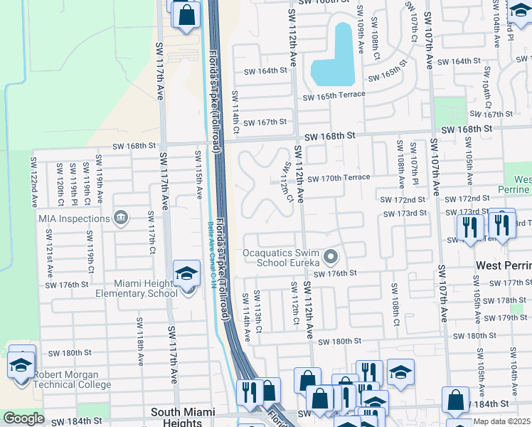 map of restaurants, bars, coffee shops, grocery stores, and more near 11325 Southwest 173rd Terrace in Miami