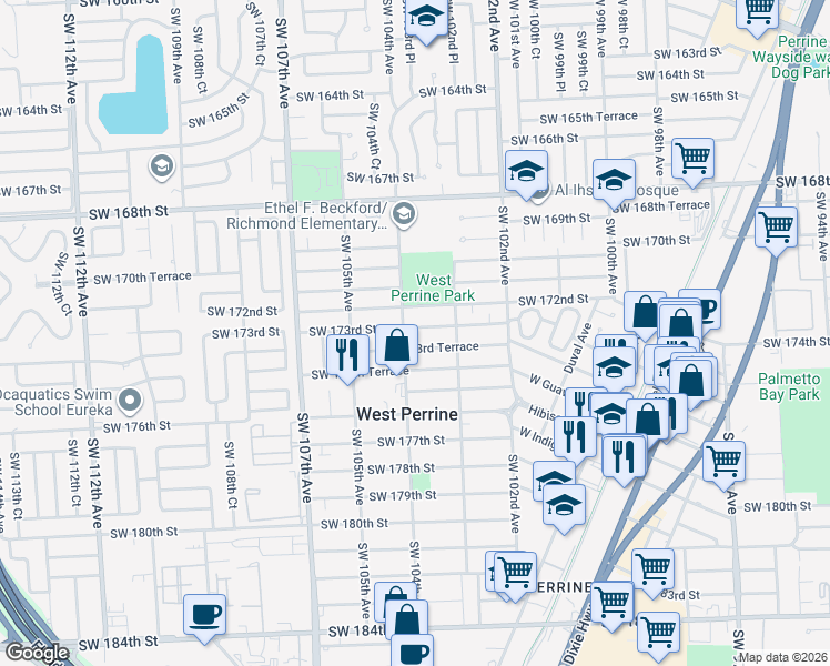 map of restaurants, bars, coffee shops, grocery stores, and more near 10384 Southwest 173rd Terrace in Miami