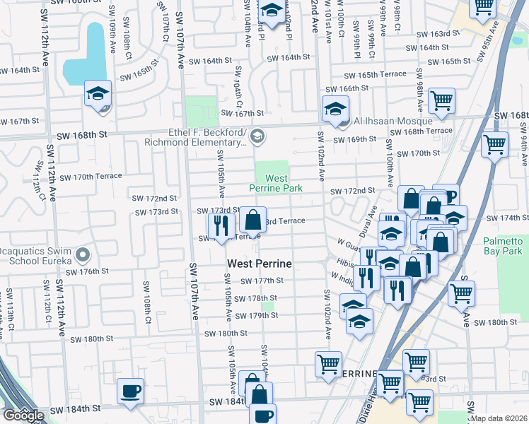 map of restaurants, bars, coffee shops, grocery stores, and more near 10384 Southwest 173rd Terrace in Miami
