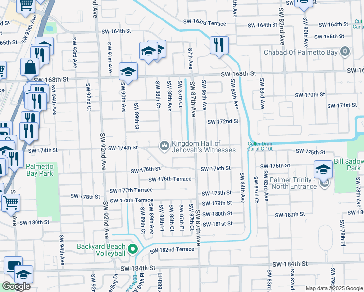 map of restaurants, bars, coffee shops, grocery stores, and more near 21339 Southwest 87th Court in Miami