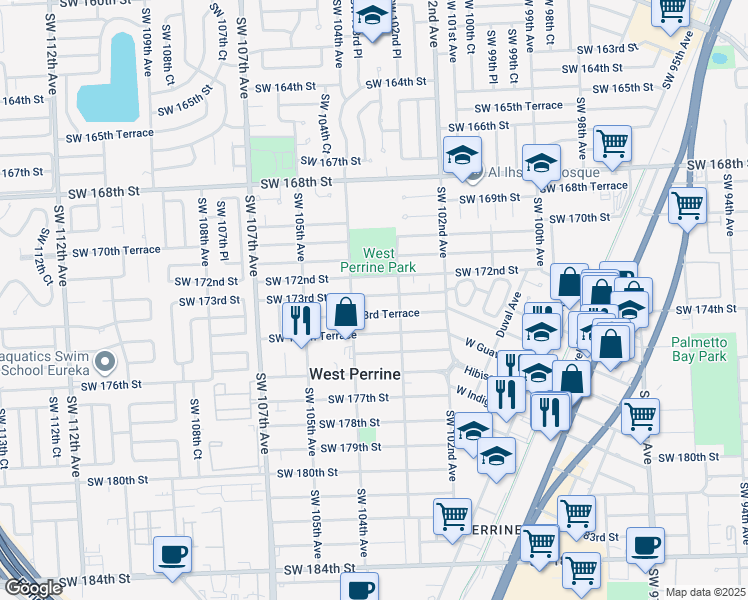 map of restaurants, bars, coffee shops, grocery stores, and more near 10300 Southwest 172nd Street in Miami