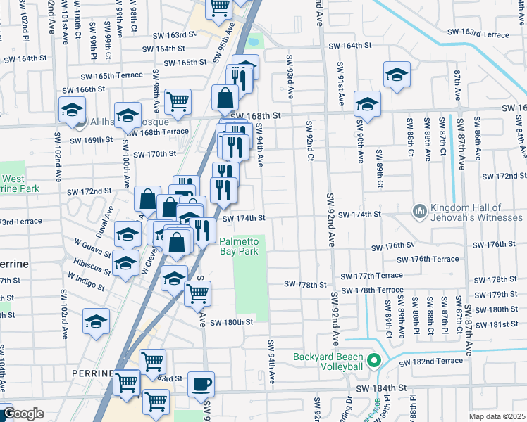 map of restaurants, bars, coffee shops, grocery stores, and more near 9375 Southwest 173rd Terrace in Palmetto Bay