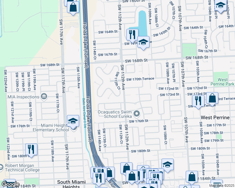 map of restaurants, bars, coffee shops, grocery stores, and more near 17142 Southwest 112th Court in Miami