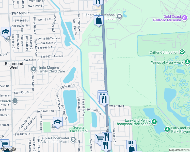 map of restaurants, bars, coffee shops, grocery stores, and more near 13813 Southwest 170th Terrace in Miami