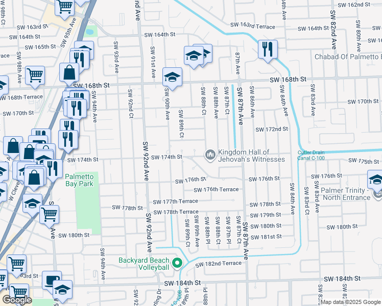 map of restaurants, bars, coffee shops, grocery stores, and more near 8920 Southwest 172nd Terrace in Palmetto Bay