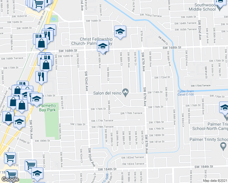 map of restaurants, bars, coffee shops, grocery stores, and more near 8920 Southwest 172nd Terrace in Palmetto Bay
