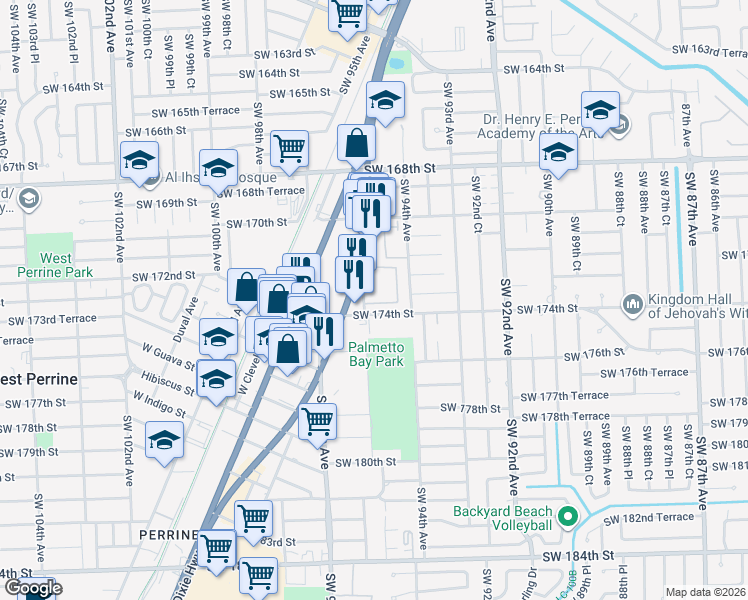 map of restaurants, bars, coffee shops, grocery stores, and more near 17255 Southwest 95th Avenue in Palmetto Bay