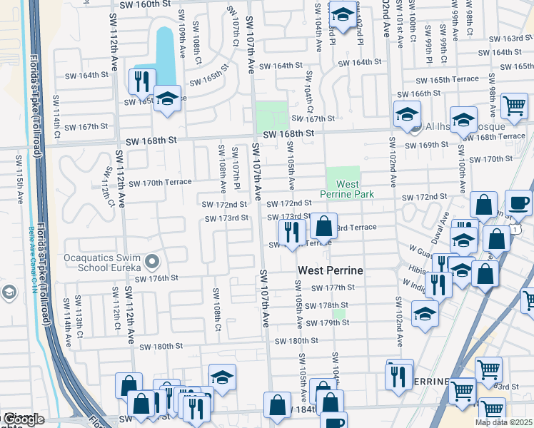 map of restaurants, bars, coffee shops, grocery stores, and more near 17135 Southwest 107th Court in Miami