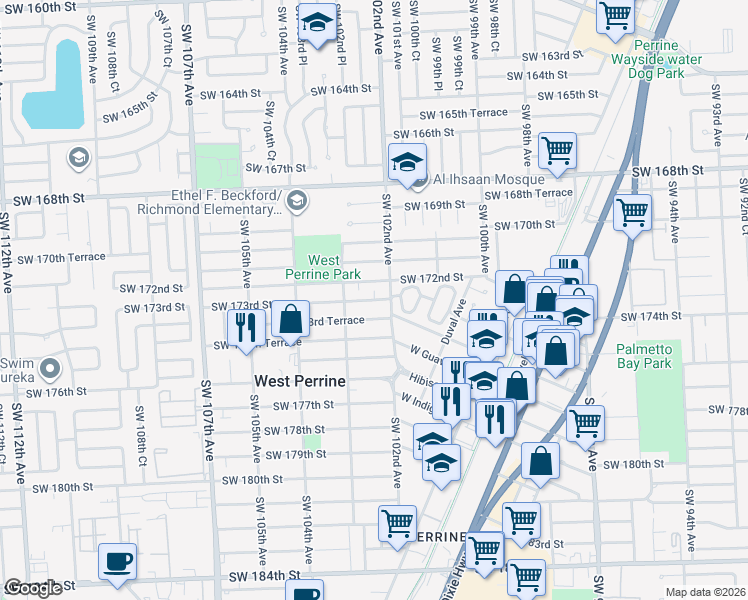 map of restaurants, bars, coffee shops, grocery stores, and more near 10250 Southwest 172nd Street in Miami