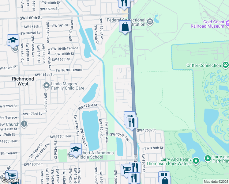 map of restaurants, bars, coffee shops, grocery stores, and more near 17006 Southwest 138th Court in Miami