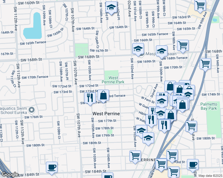 map of restaurants, bars, coffee shops, grocery stores, and more near 10300 Southwest 172nd Street in Miami