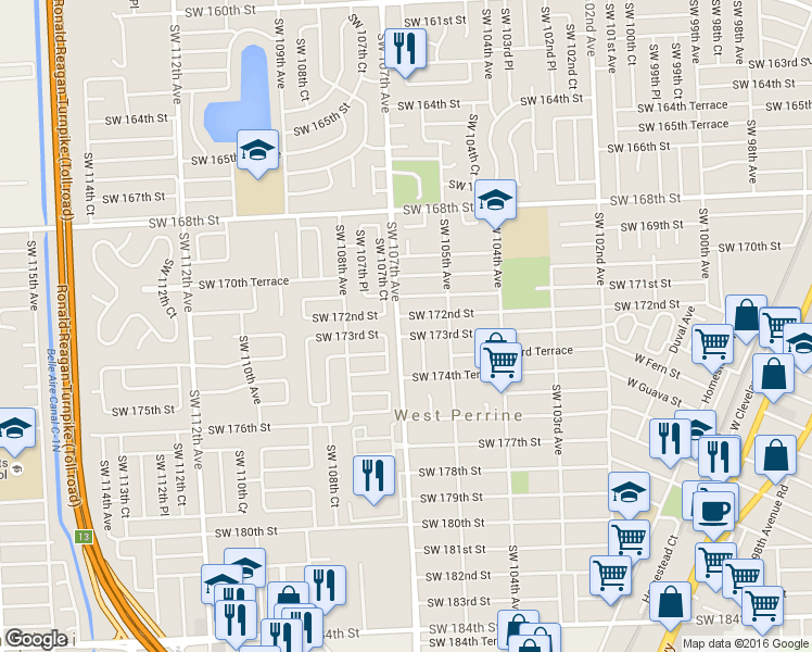 map of restaurants, bars, coffee shops, grocery stores, and more near 17135 Southwest 107th Court in Miami