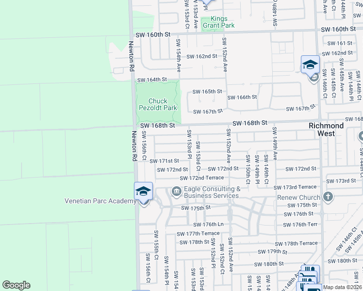 map of restaurants, bars, coffee shops, grocery stores, and more near 15391 Southwest 169th Lane in Miami