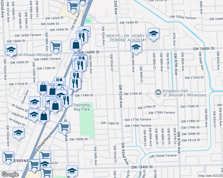 map of restaurants, bars, coffee shops, grocery stores, and more near 17265 Southwest 92nd Court in Palmetto Bay