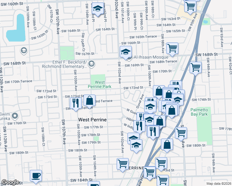 map of restaurants, bars, coffee shops, grocery stores, and more near 10250 Southwest 172nd Street in Miami