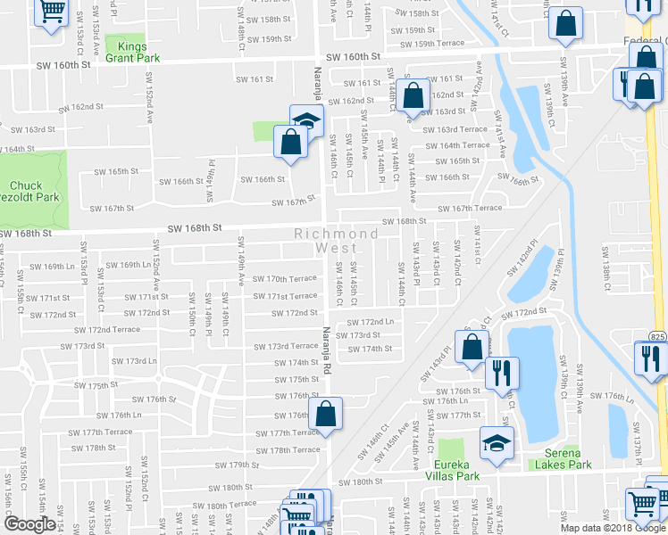 map of restaurants, bars, coffee shops, grocery stores, and more near 14640 Southwest 170th Street in Miami