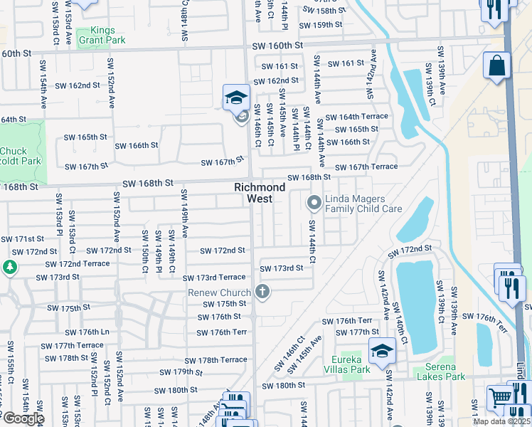 map of restaurants, bars, coffee shops, grocery stores, and more near 14535 Southwest 170th Street in Miami