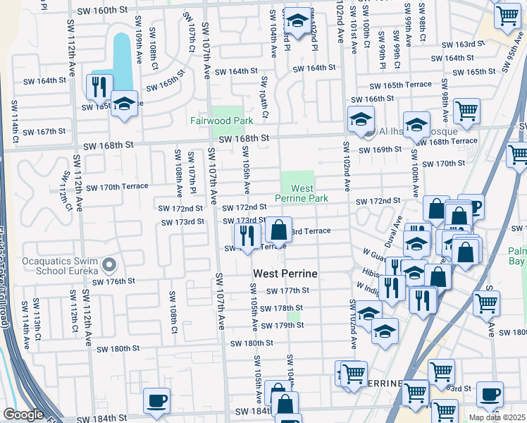 map of restaurants, bars, coffee shops, grocery stores, and more near 10465 Southwest 172nd Street in Miami