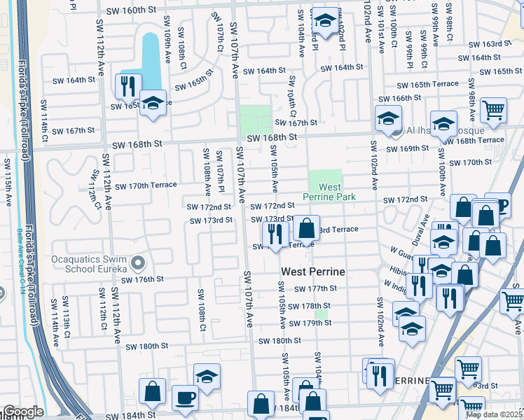 map of restaurants, bars, coffee shops, grocery stores, and more near 10541 Southwest 172nd Street in Miami