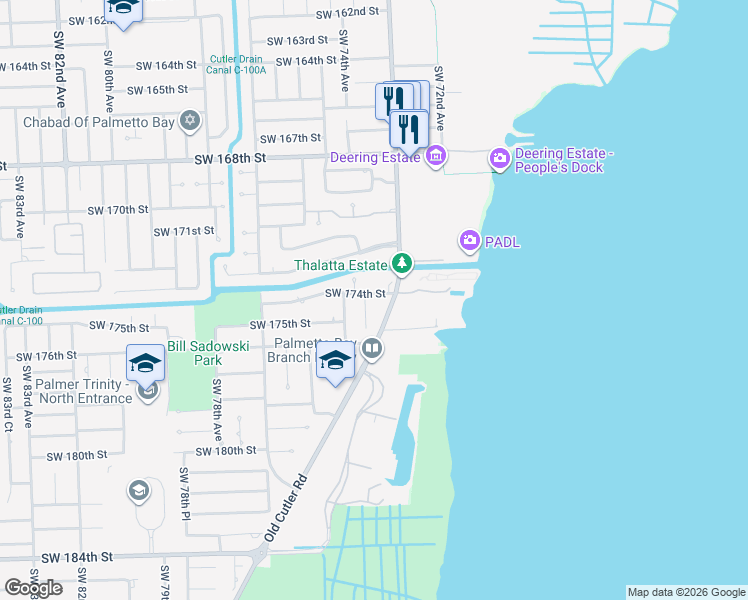 map of restaurants, bars, coffee shops, grocery stores, and more near 17421 Southwest 73rd Court in Palmetto Bay
