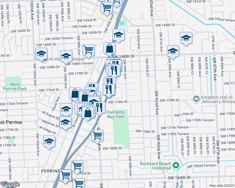 map of restaurants, bars, coffee shops, grocery stores, and more near 17255 Southwest 95th Avenue in Palmetto Bay