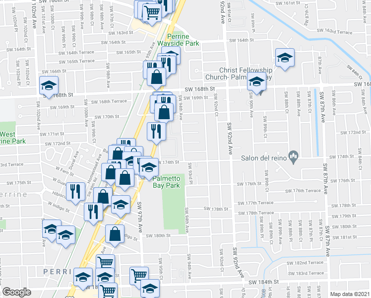 map of restaurants, bars, coffee shops, grocery stores, and more near 9375 Southwest 173rd Terrace in Palmetto Bay