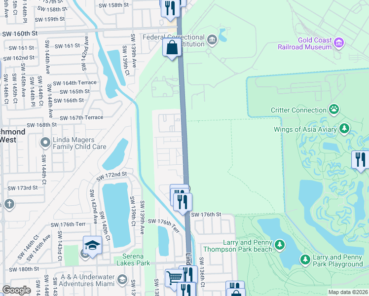 map of restaurants, bars, coffee shops, grocery stores, and more near 13701 Southwest 170th Terrace in Miami