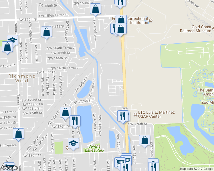 map of restaurants, bars, coffee shops, grocery stores, and more near 16901 Southwest 138th Court in Miami